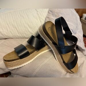 Not for sale.  Women’s Black Strap Platform Sandals Sz 10. Man made material